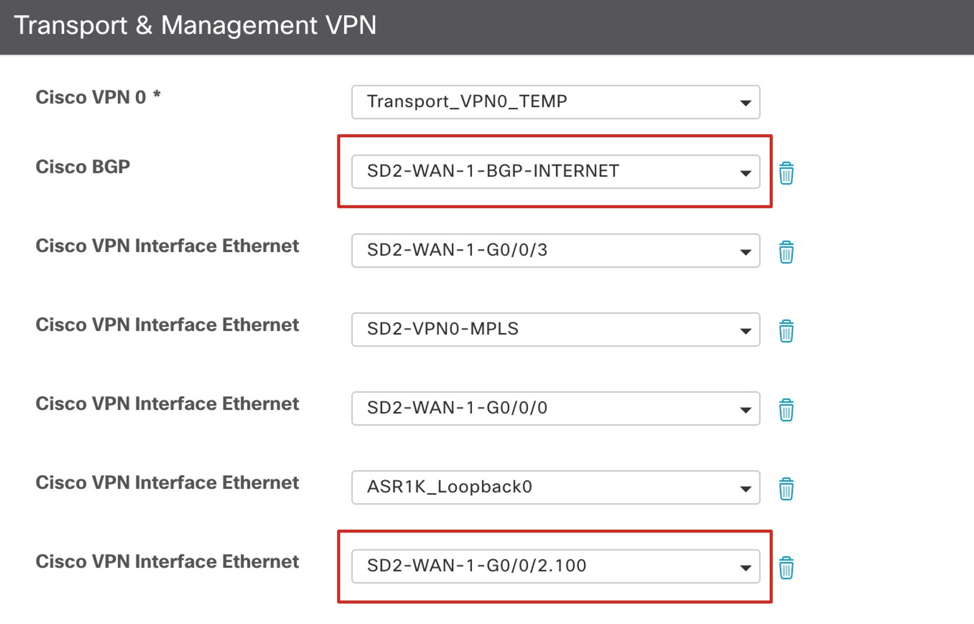 On the Cisco VPN Interface Ethernet template, in the Transport & Management VPN area, the Cisco BGP and Cisco VPN Interface Ethernet drop-down lists are listed.