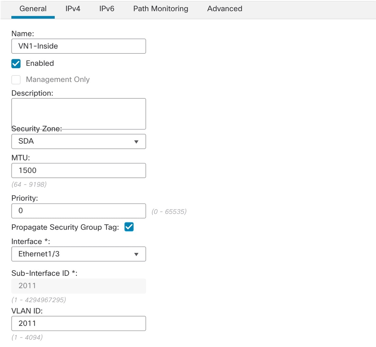 The General tab displays fields to configure the firewall subinterface toward the Cisco SD-Access fabric border VN.