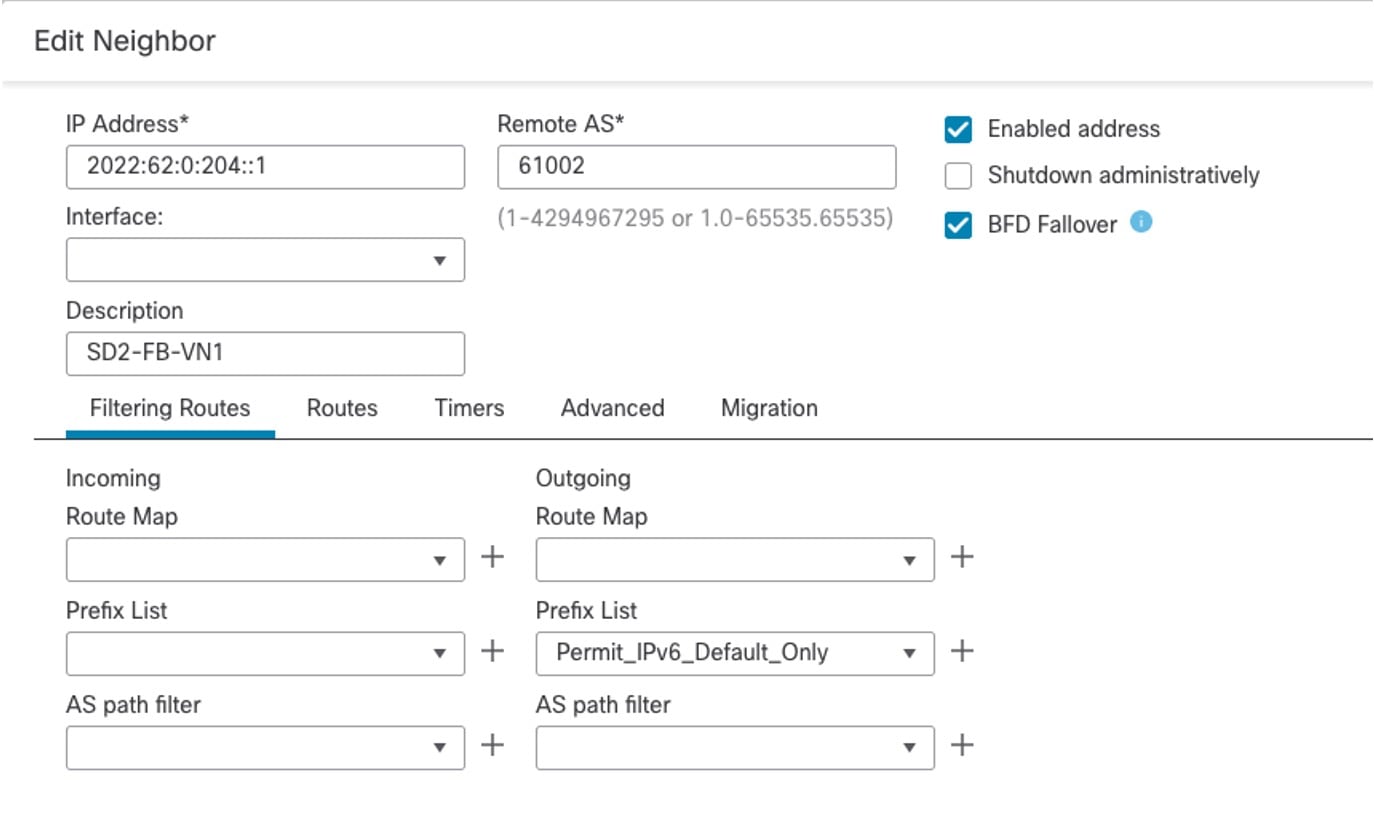 On the Edit Neighbor window, the fields for BGPv6 are configured.