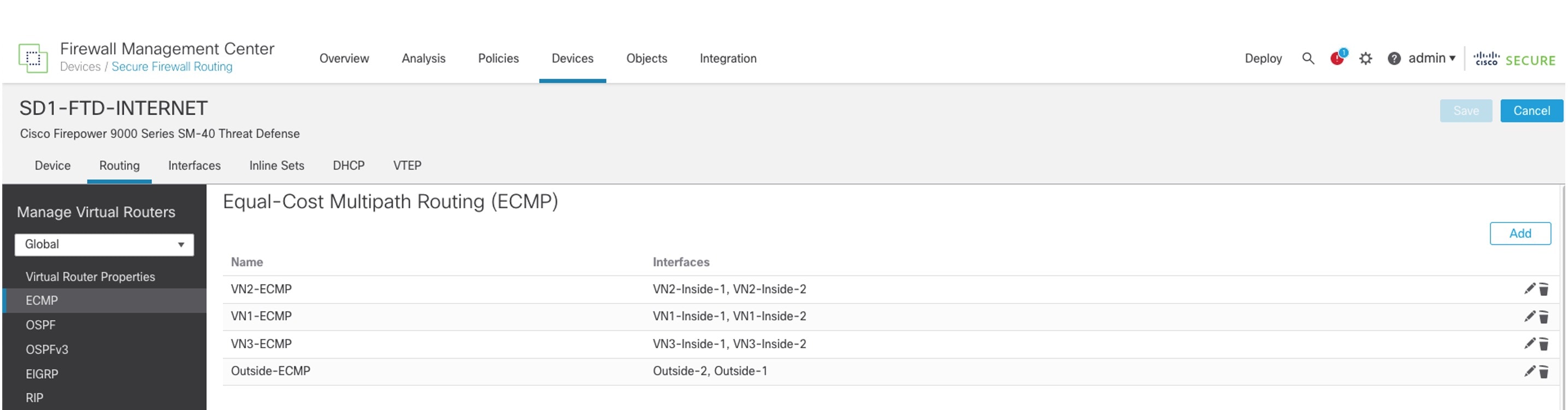 In the FMC GUI, the Cisco Firepower appliance's routing table for ECMP is displayed.