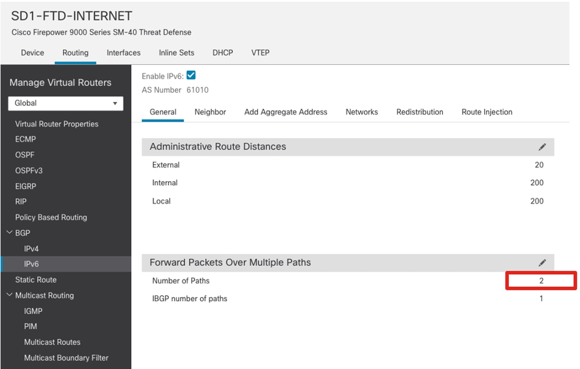 In the FMC GUI, the Cisco Firepower appliance's Routing > BGP > IPv6 > General window is displayed, showing the BGP IPv6 general settings.