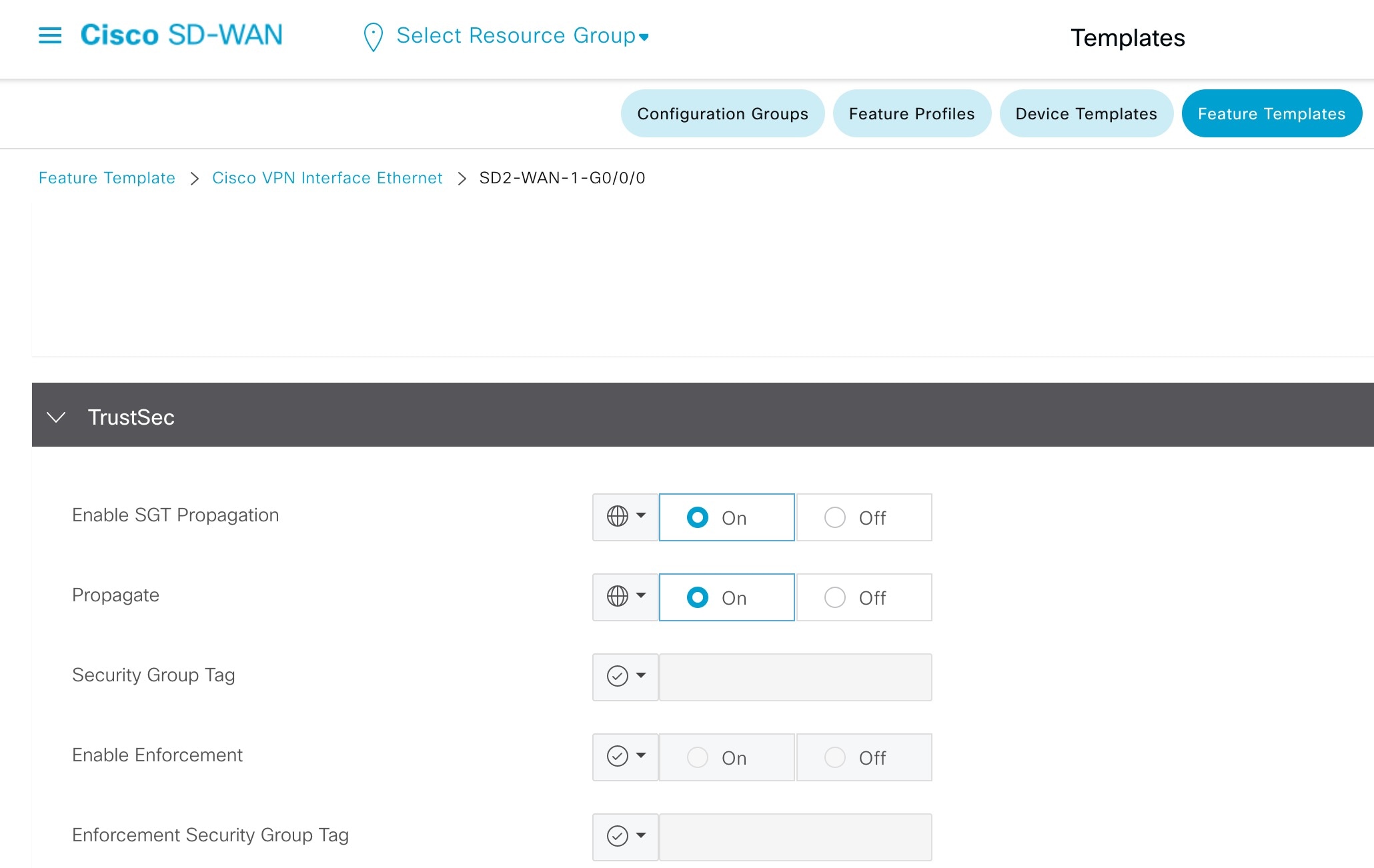 In the TrustSec area, Enable SGT Propagation and Propagate are enabled.