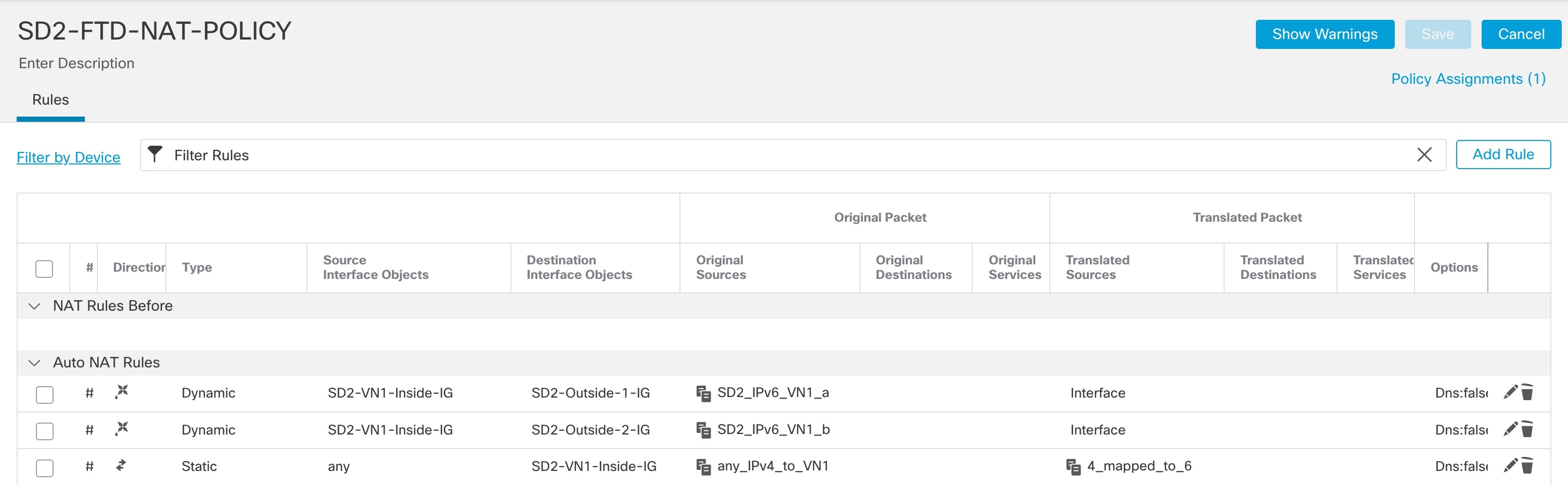 The NAT64 policy displays the configured auto NAT rules in table format.