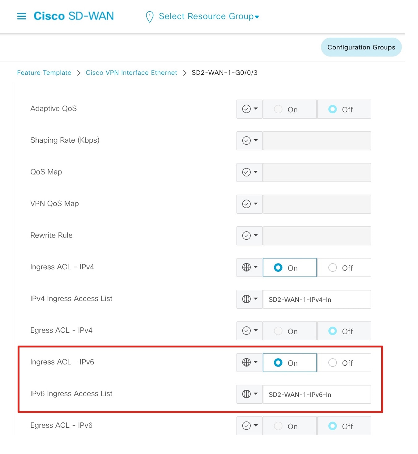 In a list, Ingress ACL - IPv6 and IPv6 Ingress Access List are displayed.