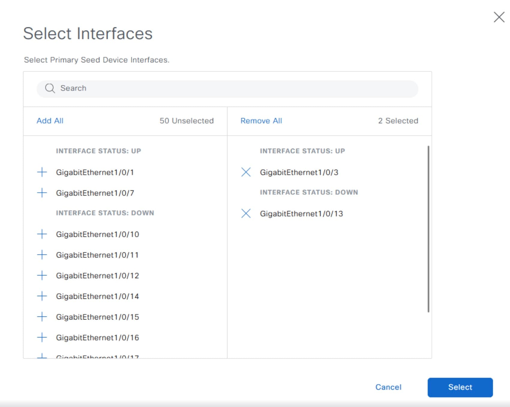 Select Interfaces for Seed Device