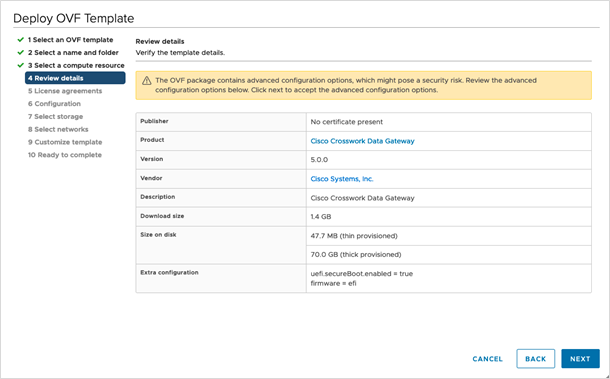 Deploy OVF Template - Review details Window