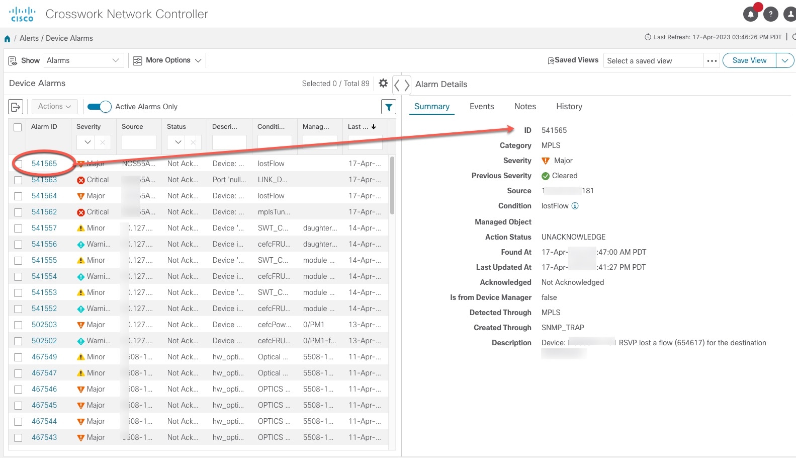 [アラームの詳細（Alarm Details）] ウィンドウ：[概要（Summary）] タブ