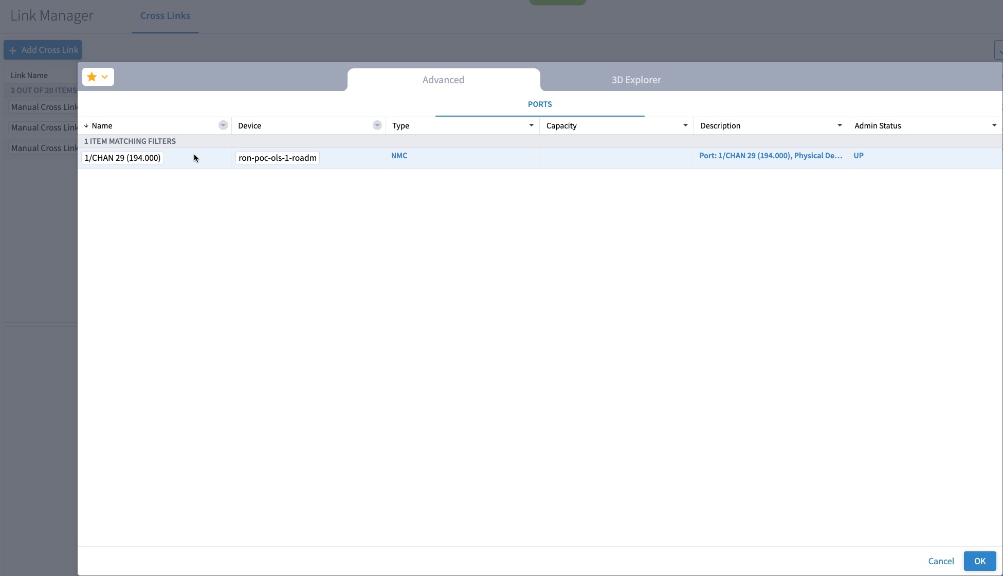 Filtering the device to “ron-poc-ols-1” and the Name to “194.000” to find the add/drop port