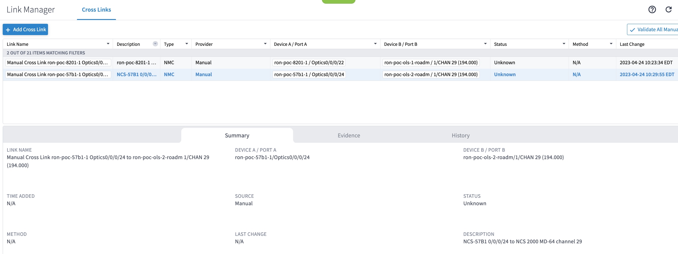 Link Manager view showing attributes of the second Cross Link