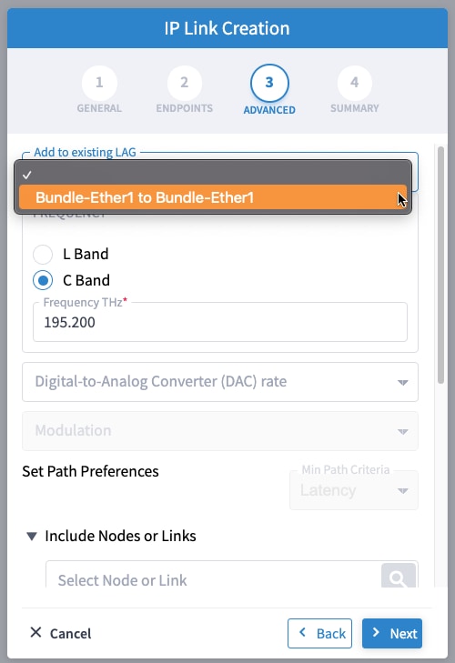 IP Link Creation Wizard-Advanced settings - Bundle LAG interface