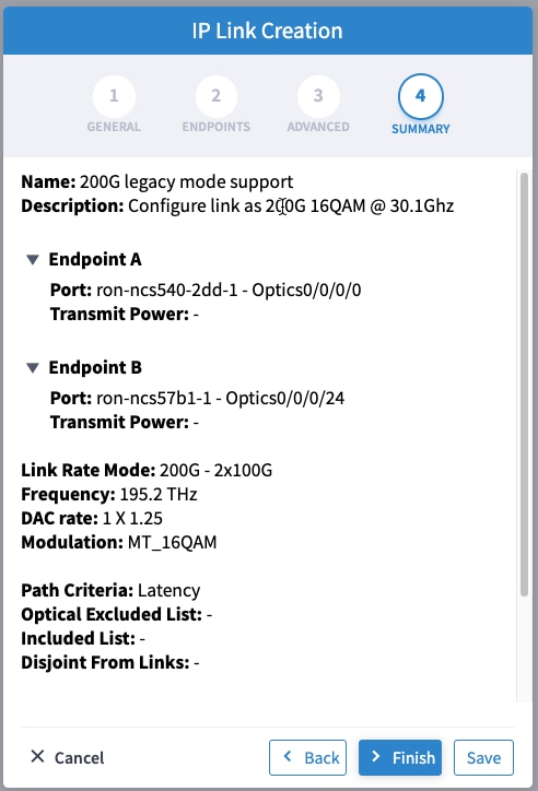 IP Link Creation Wizard - Summary- 200G 16-QAM