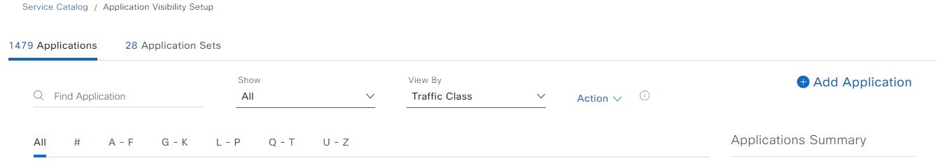 [Application Visibility Setup] ウィンドウの [Applications] タブには、アプリケーションのリストが、検索およびフィルタ機能とともに表示されます。