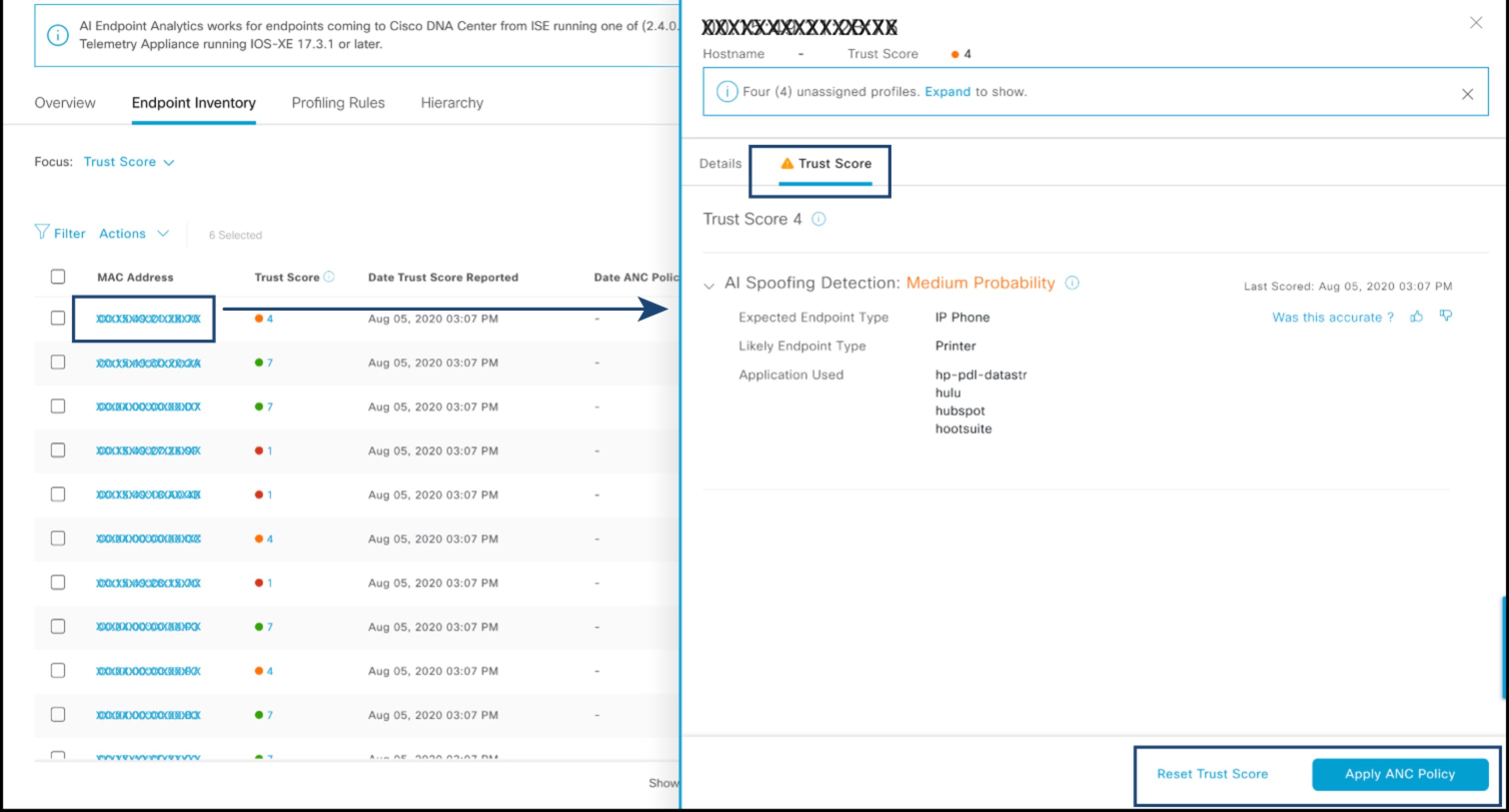 Figure 32: Trust Score options for endpoint without ANC policy.