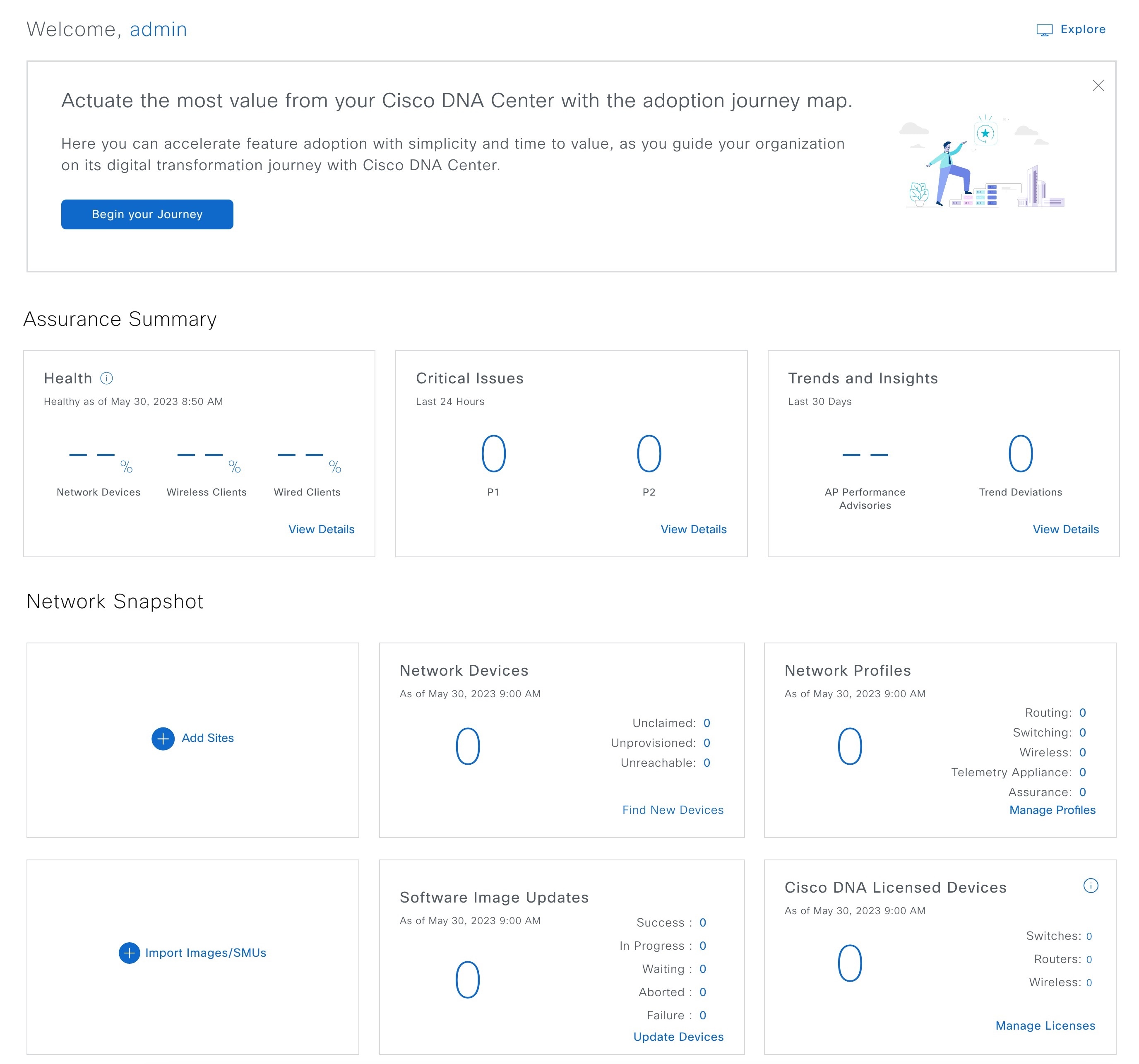 The day-zero view of the Cisco DNA Center home page displays a snapshot of your network with no devices in the system.