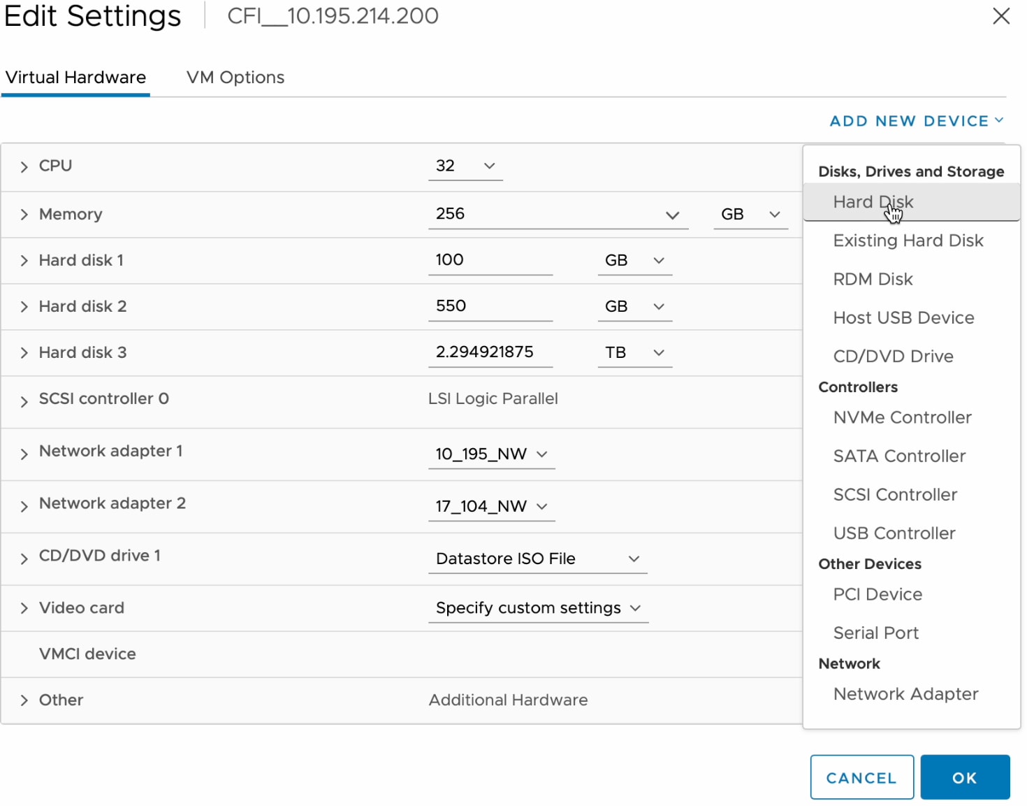 The Hard Disk option in the Add New Device drop-down list.