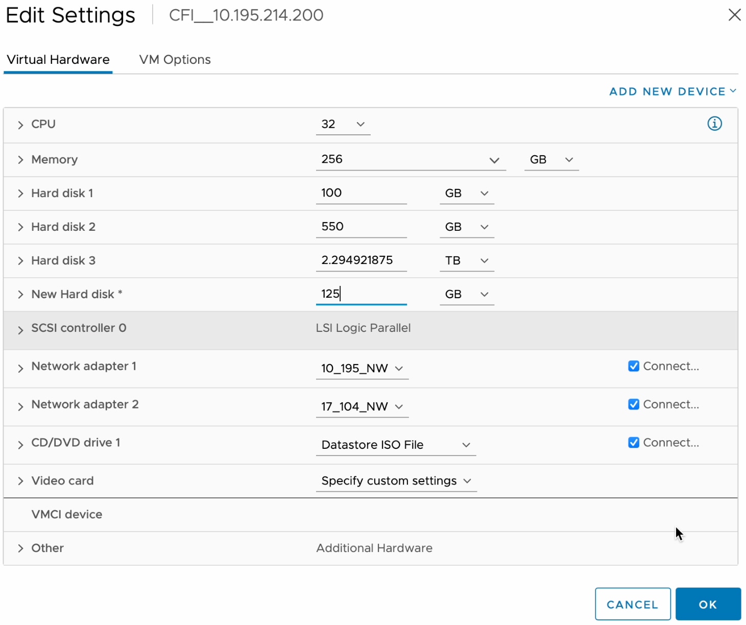 The New Hard disk field shows the storage size set to 125 GB.