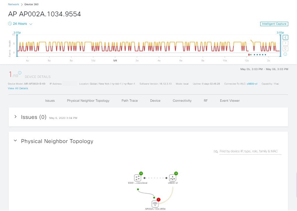 Figure 9: Device 360 Window, showing activity, issues, and physical neighbor topology.