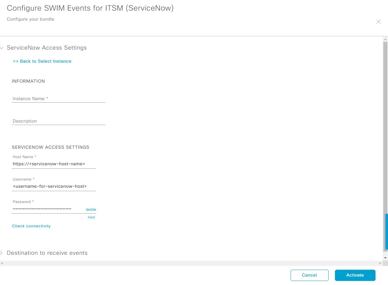 Figure 19: ServiceNow instance configuration fields, for Access Settings