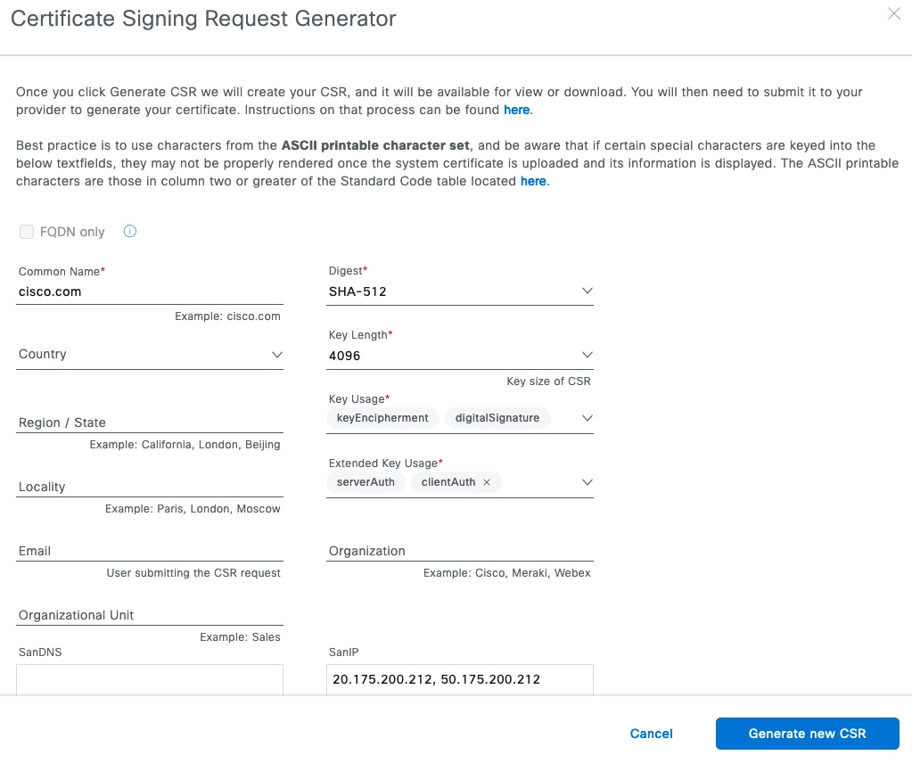 Certificate Signing Request Generator page, with required fields.