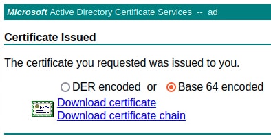 The certificate is issued as either DER encoded or Base 64 encoded.