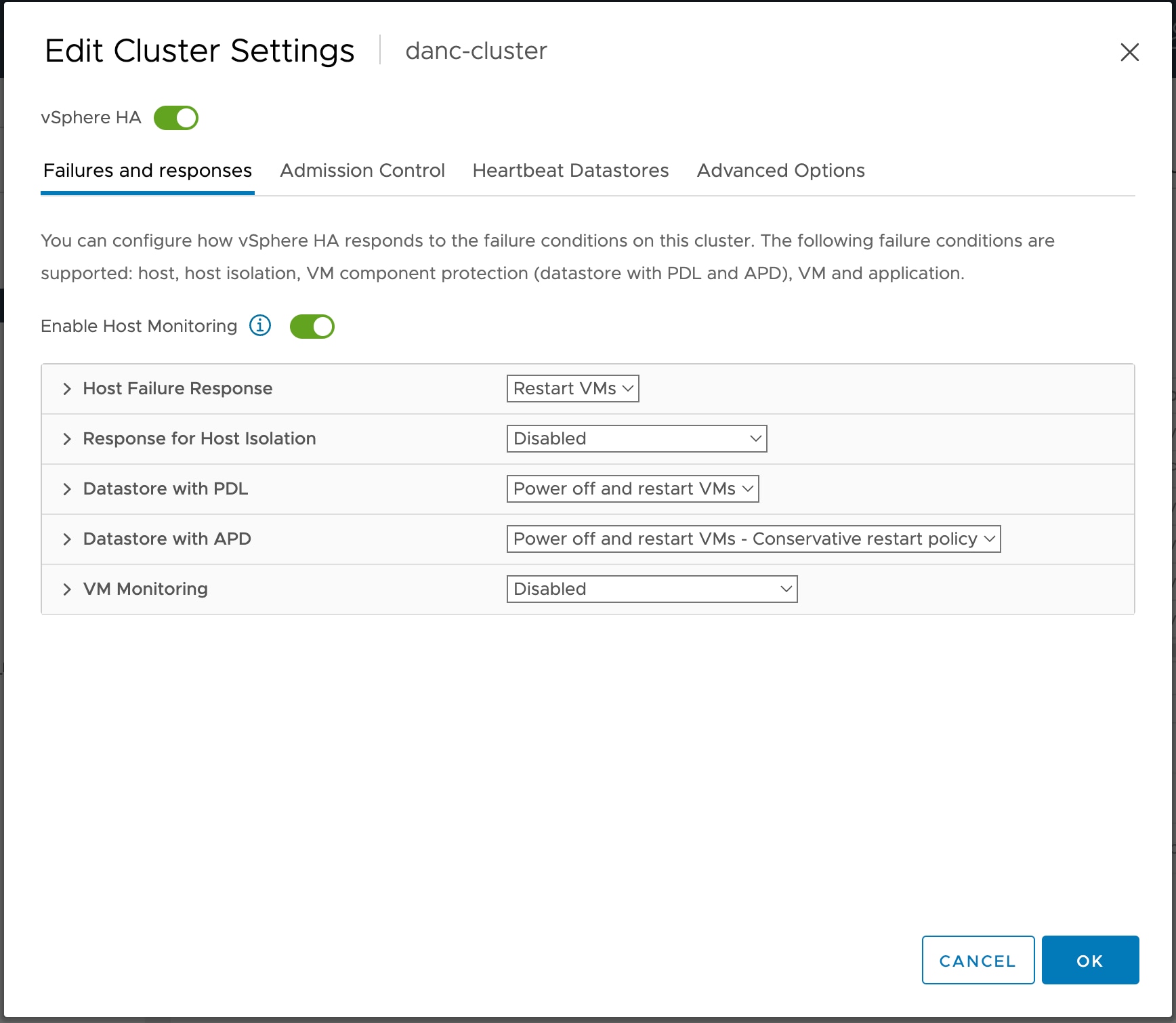 Configuration settings for vSphere HA, host monitoring, and host failure response.