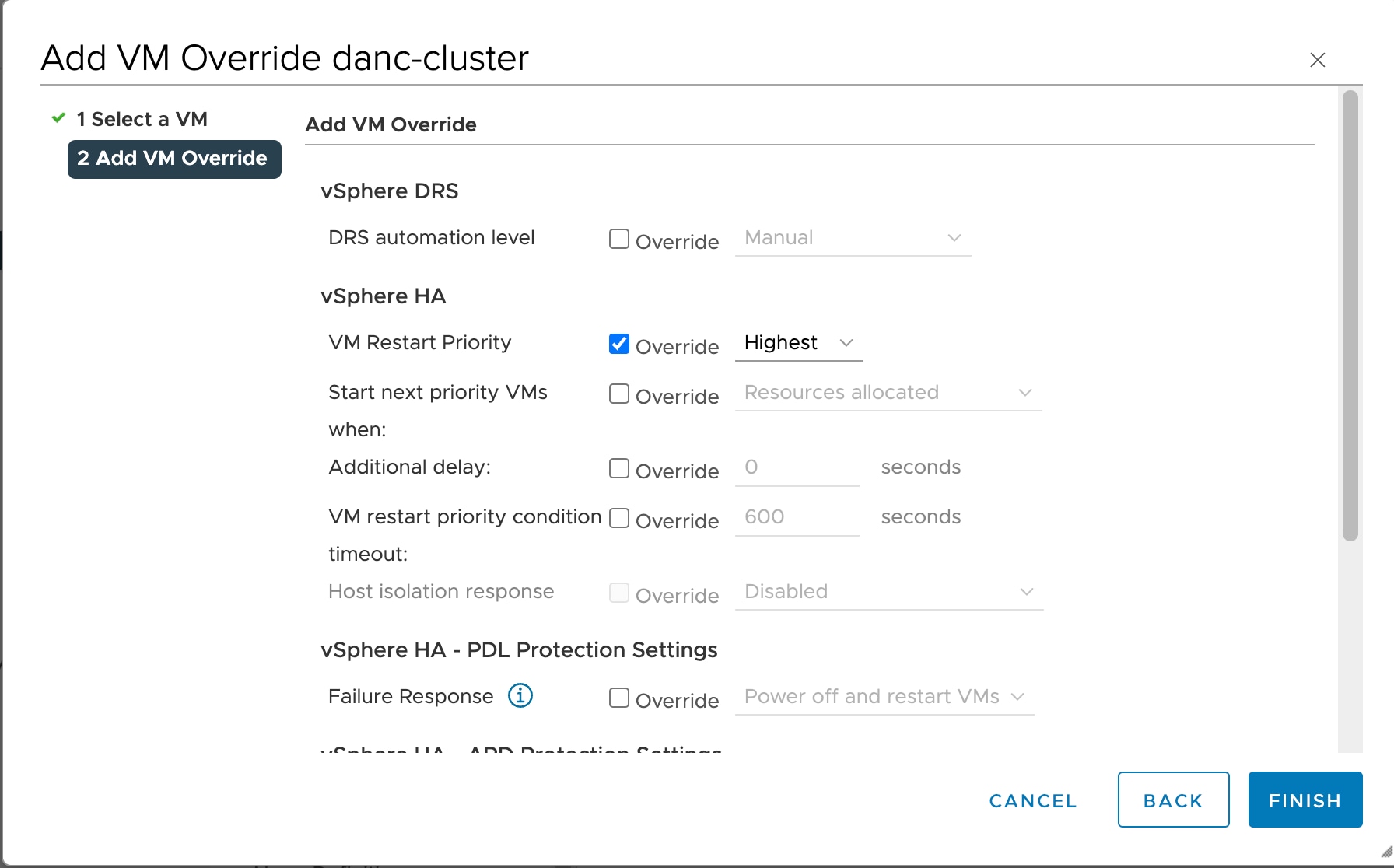 Configuration settings for vSphere HA virtual machine restart priority.