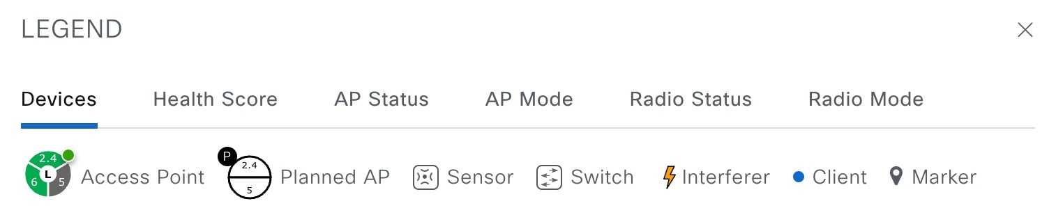 The map legend displays tabs such as Devices, Health Score, and AP Status. Each tab describes the relevant map icon information. For example, the Devices tab displays the icon image for each device on the map.