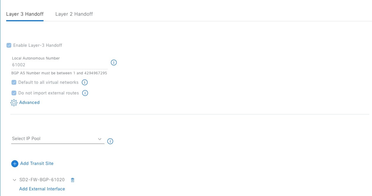 The Layer 3 Handoff tab displays the fields to configure the fabric border Layer 3 handoff using custom subnets.