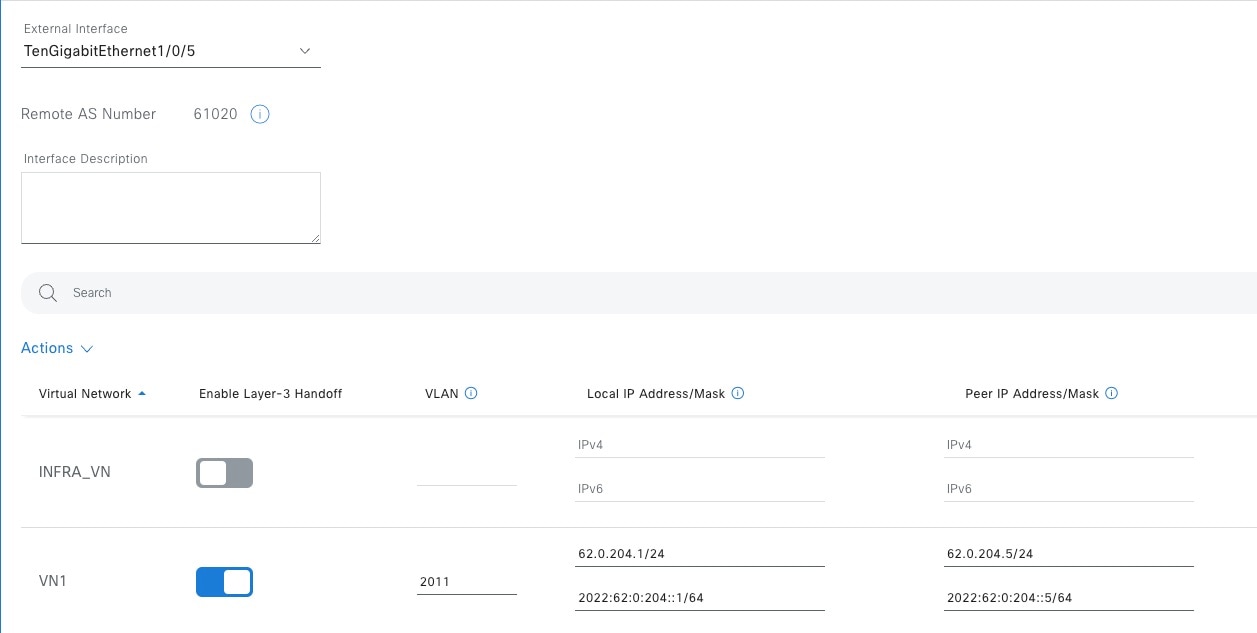 The External Interface field displays the relevant ethernet connection, and the Actions drop-down tab displays fields to configure the Layer 3 handoff.