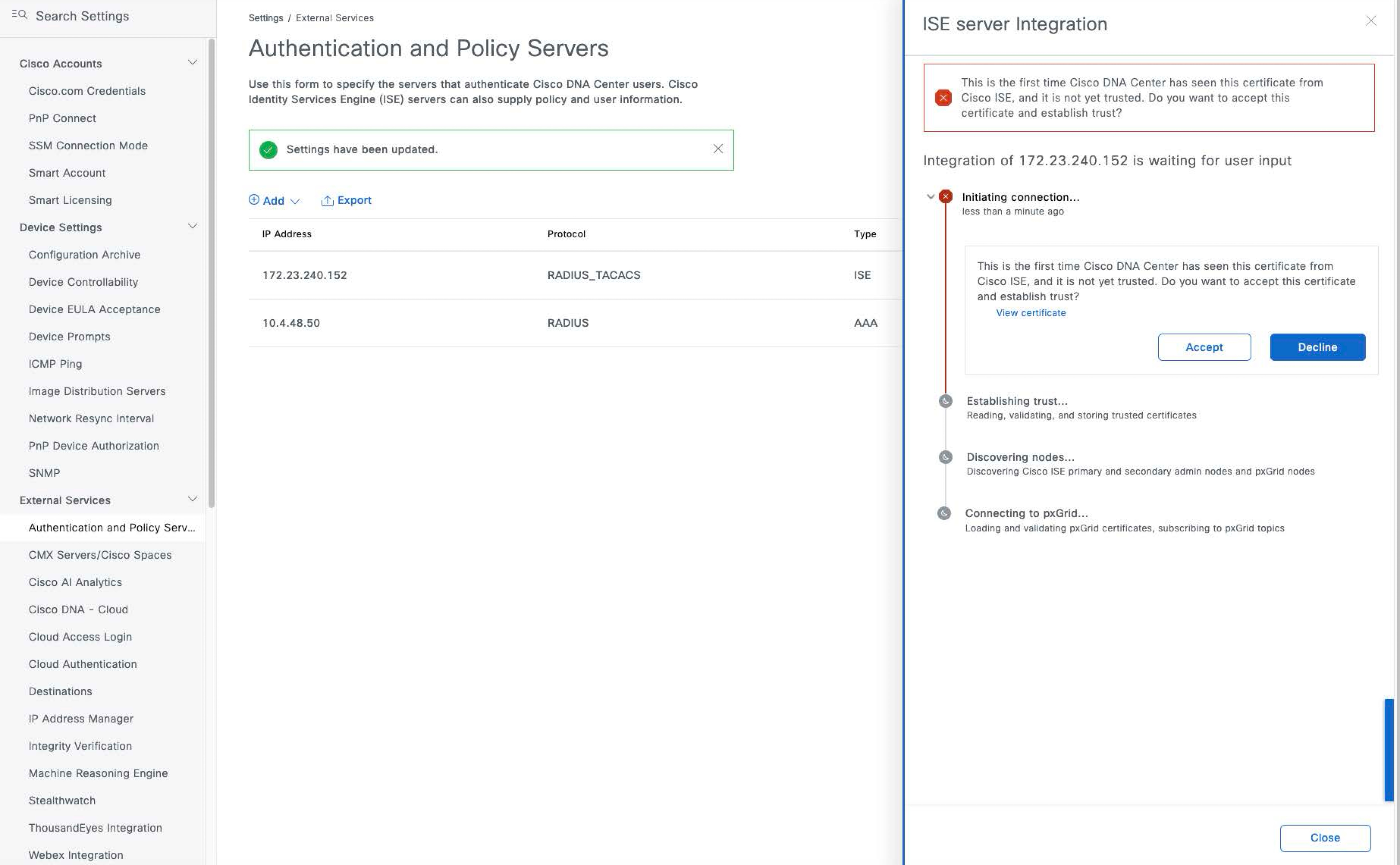 The ISE server integration slide-in pane displays the options to accept or decline the Cisco ISE certificate.