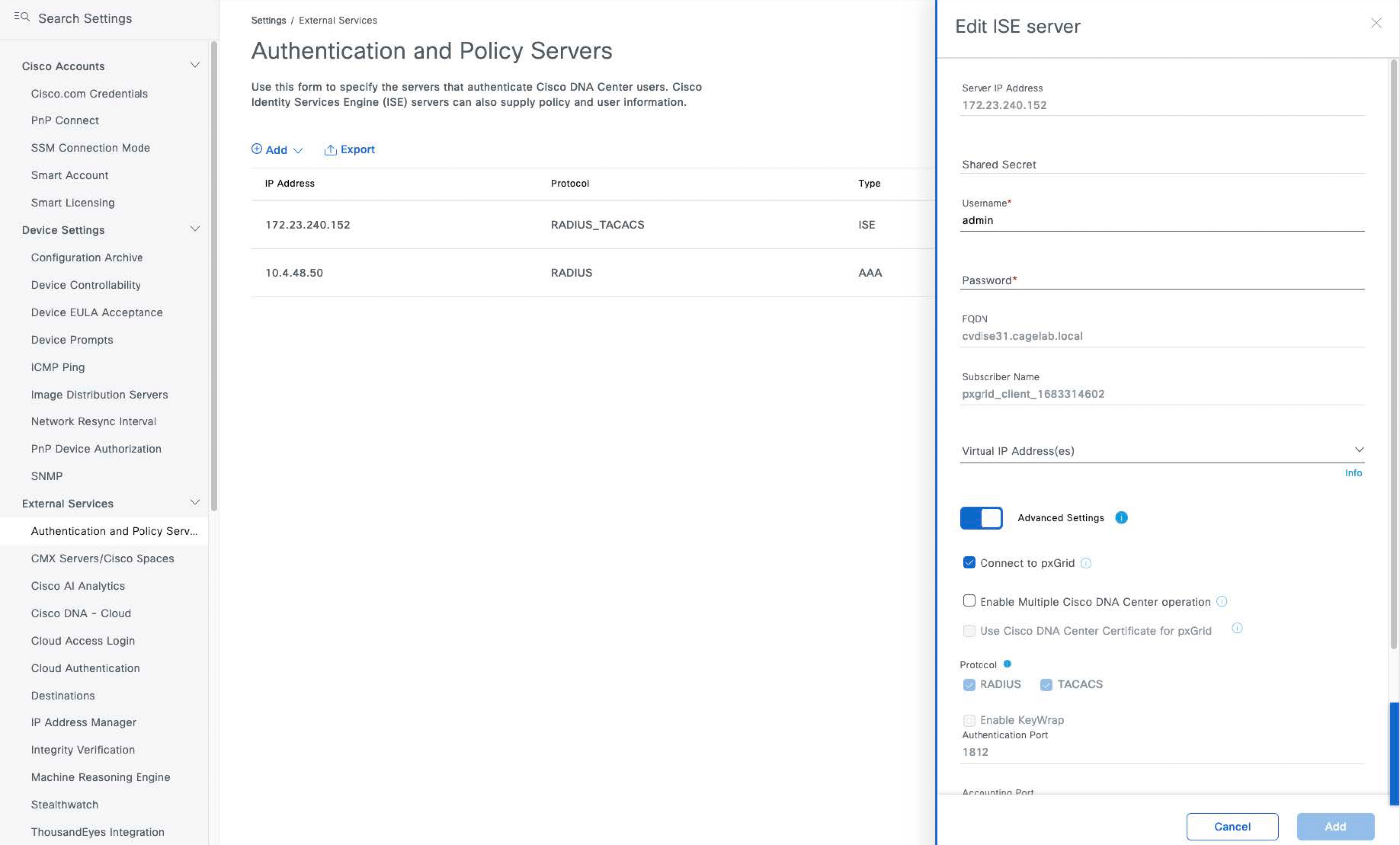 The Edit ISE server slide-in pane displays the server settings that can be changed.