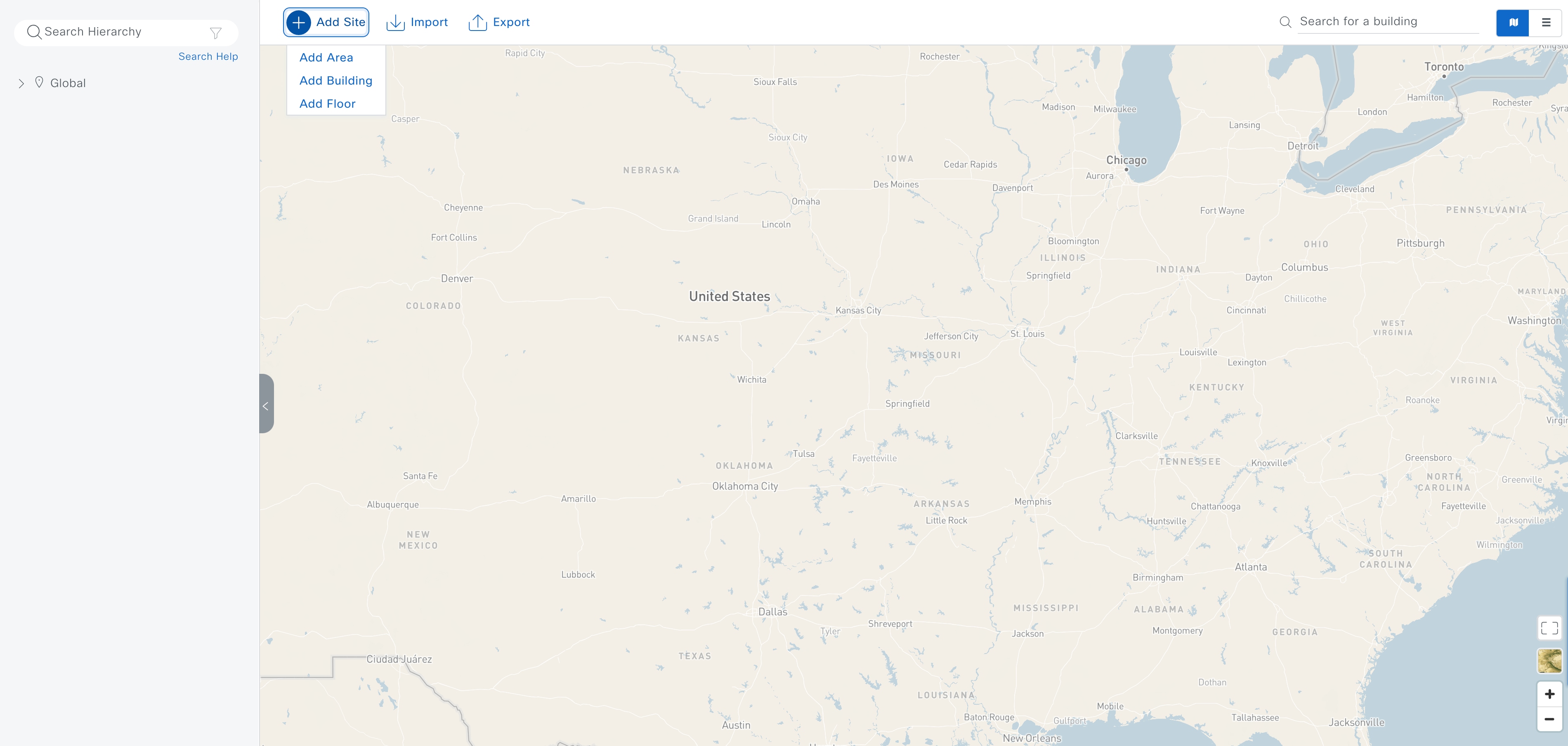 The + Add Site option sits above a map of the United States, with the global entry drop-down list shown in the left hierarchy pane.
