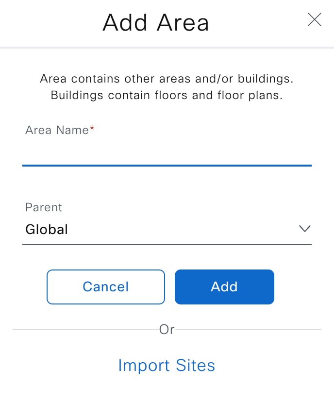The Add Area pop-up window shows the area name, parent, and the options to cancel the request or add the area.