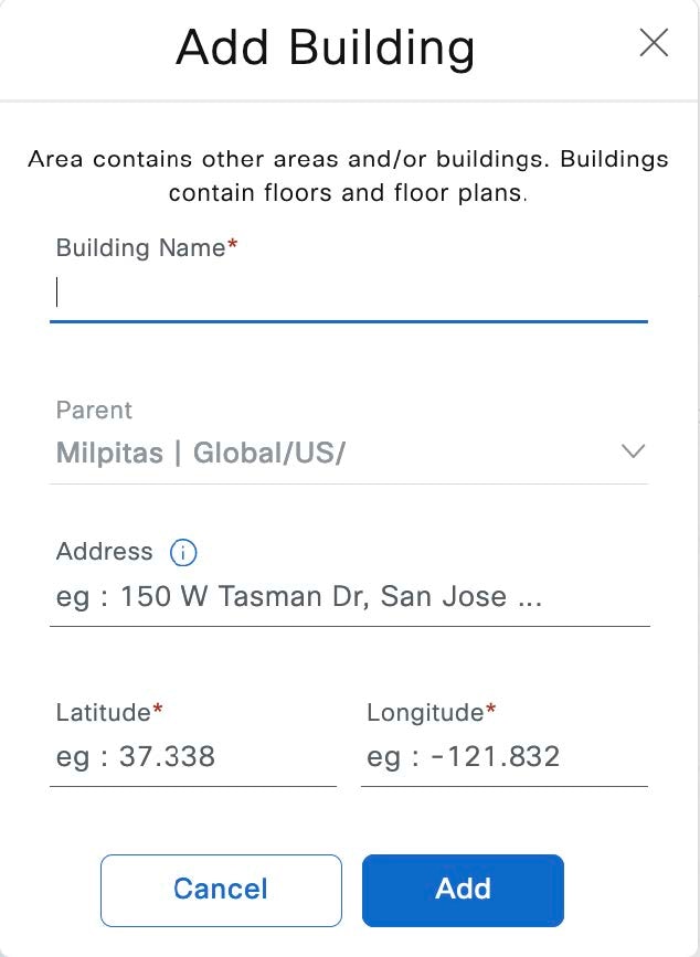 The Add Building pop-up window contains the following fields: building name, parent, address, latitude, and longitude.