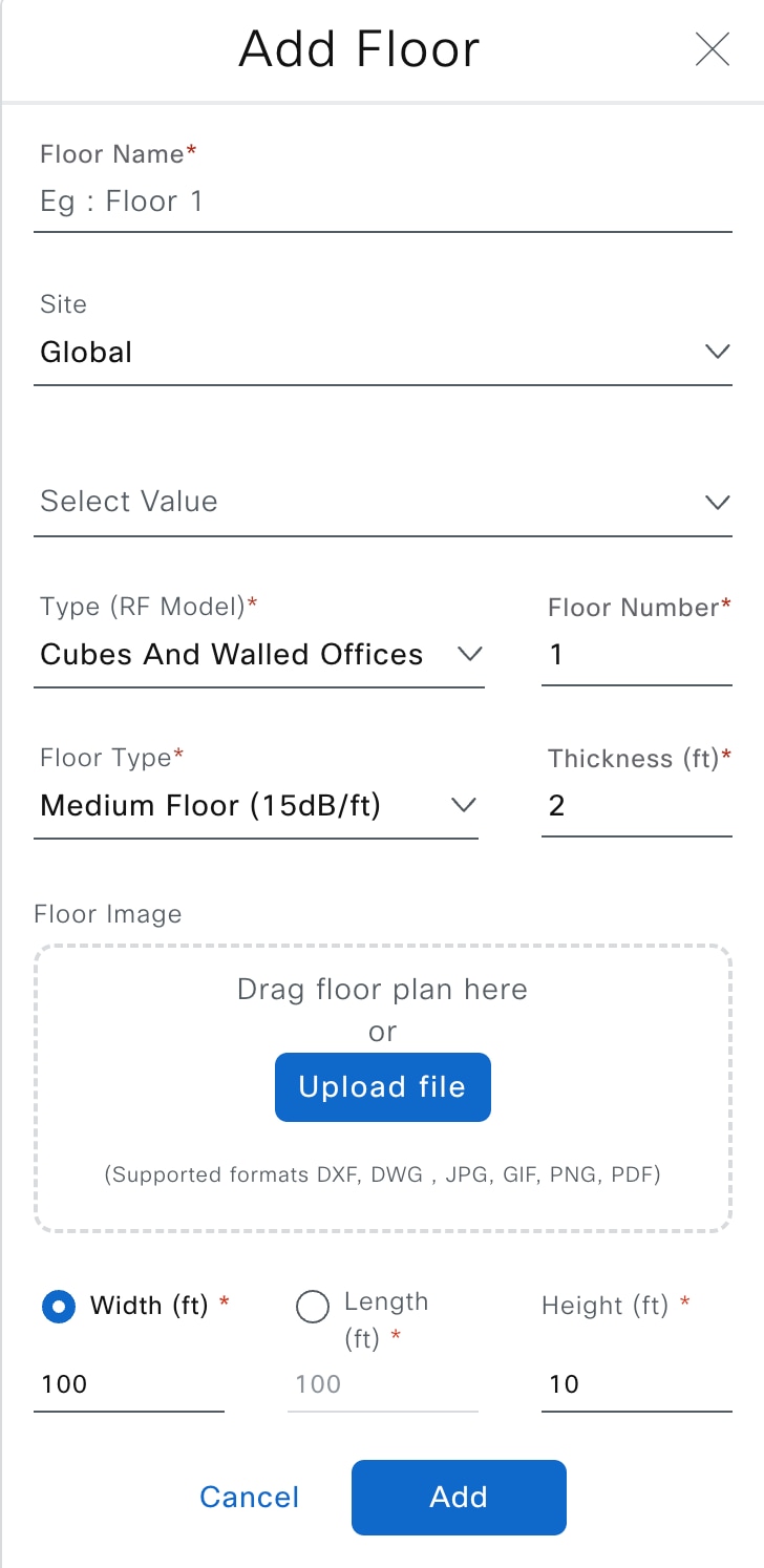 The Add Floor dialog box shows the various configurable fields: floor name, site, type (RF model), floor number, floor type, thickness, floor image, width (ft), length (ft), and height (ft).