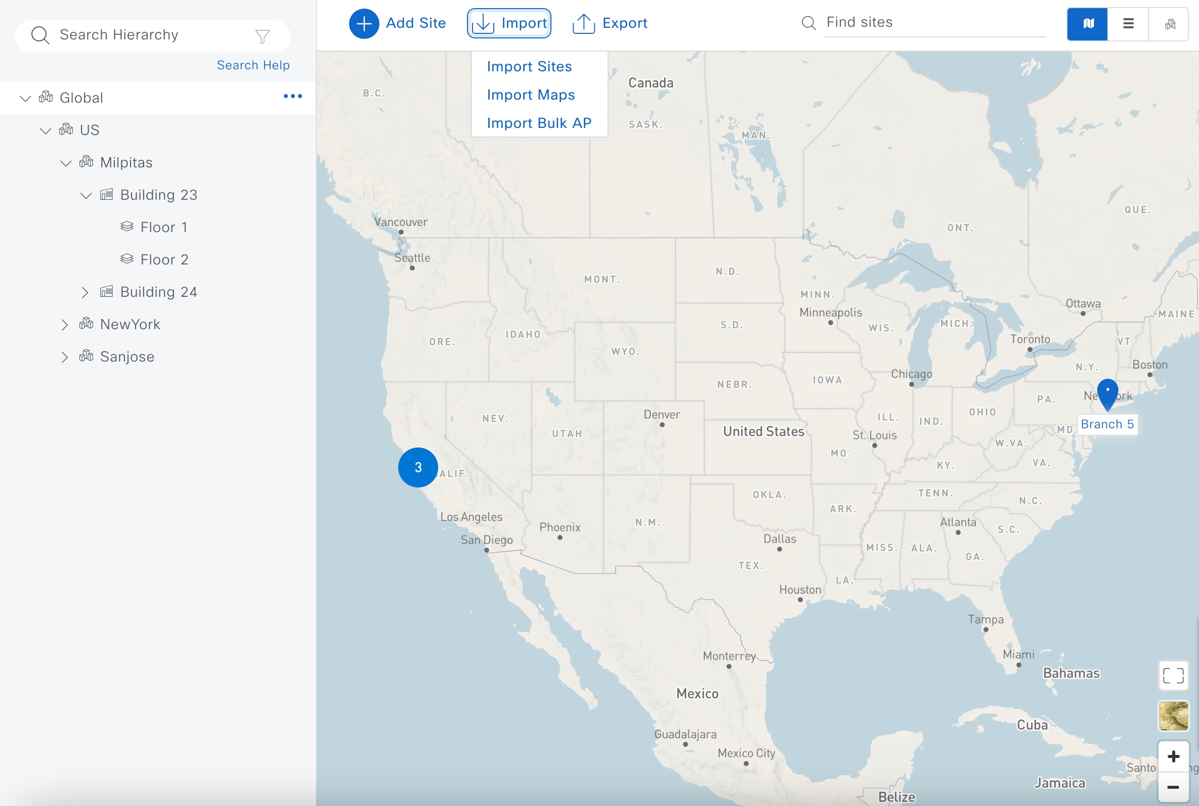 The Cisco DNA Center user interface shows the global map and the functionality for importing maps.