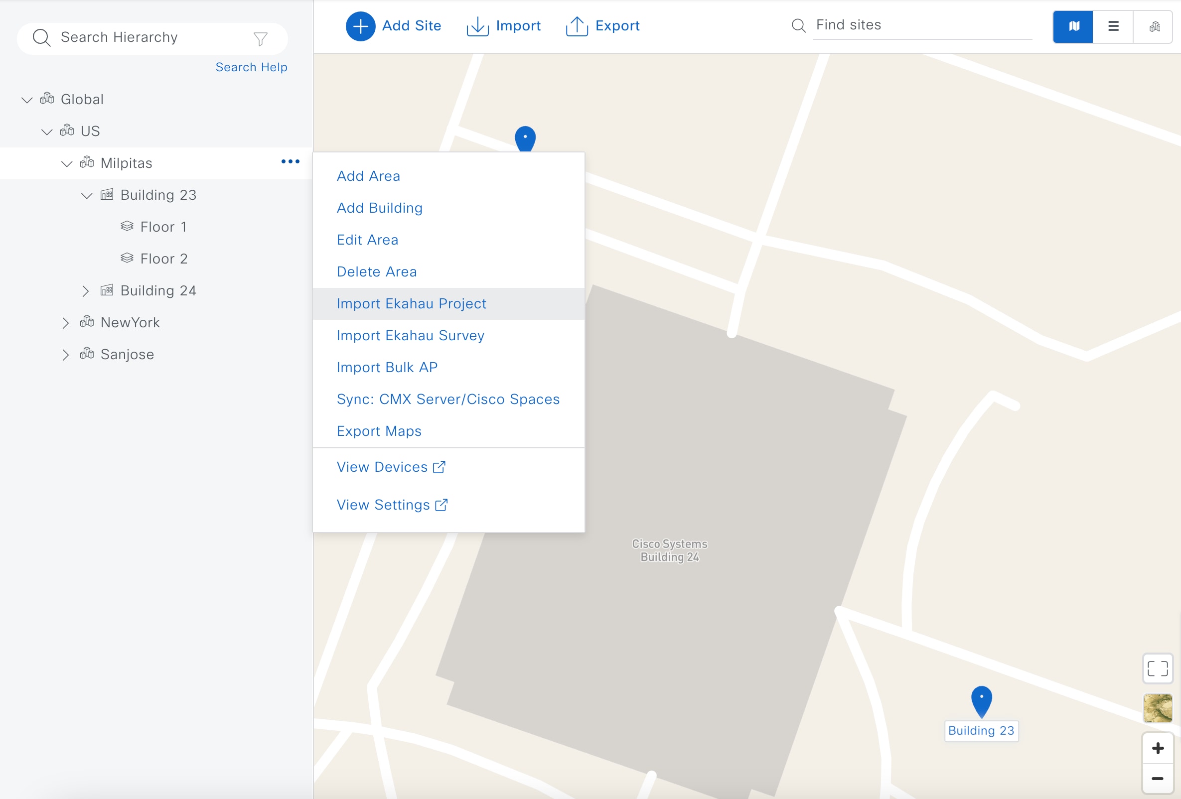 The Catalyst Center UI displays the map for Milpitas and shows the option to import a Ekahau project.