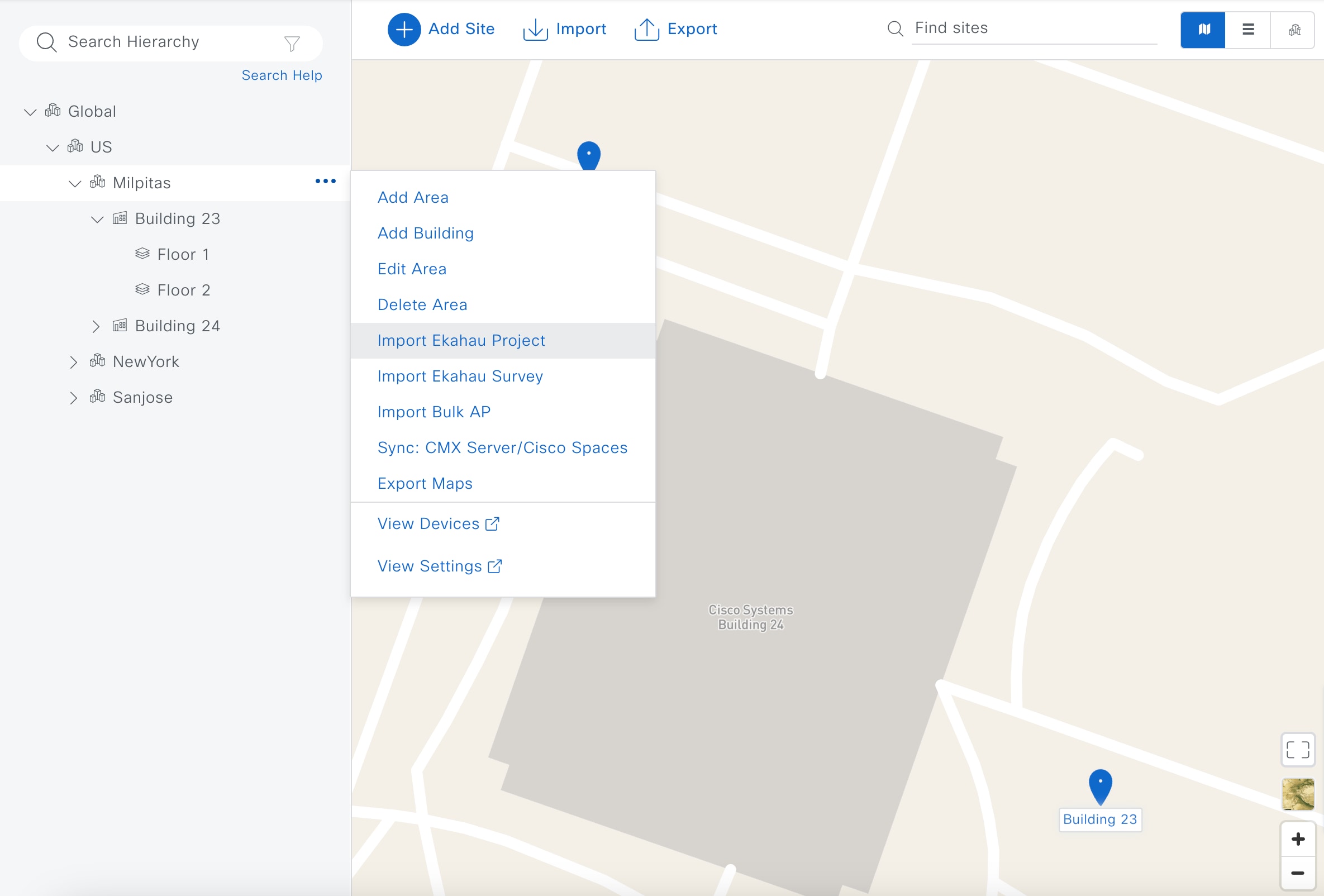 The Cisco DNA Center UI displays the map for Milpitas and shows the option to import a Ekahau project.