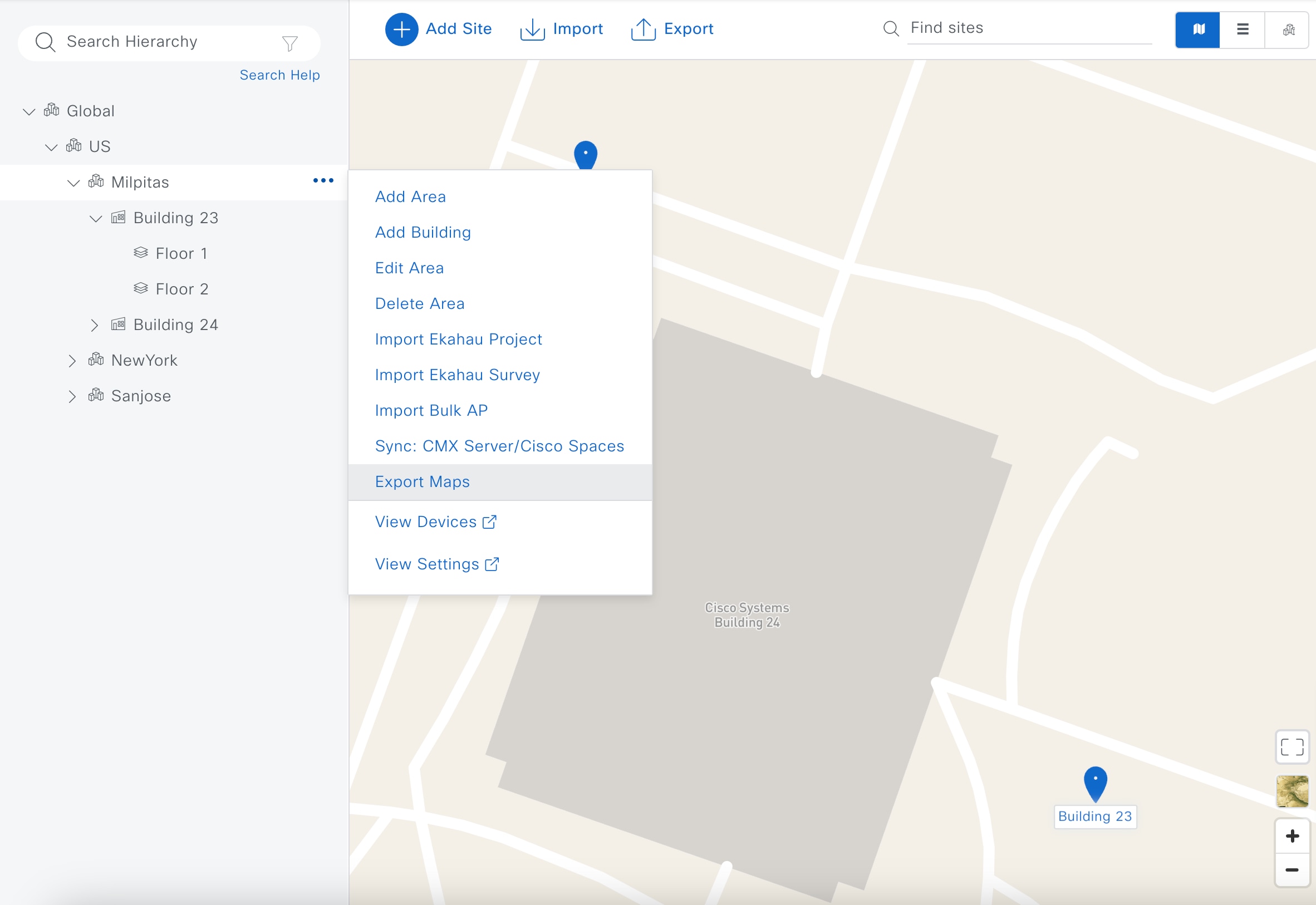 The Cisco DNA Center UI displays the map for Milpitas and shows the option to export maps.