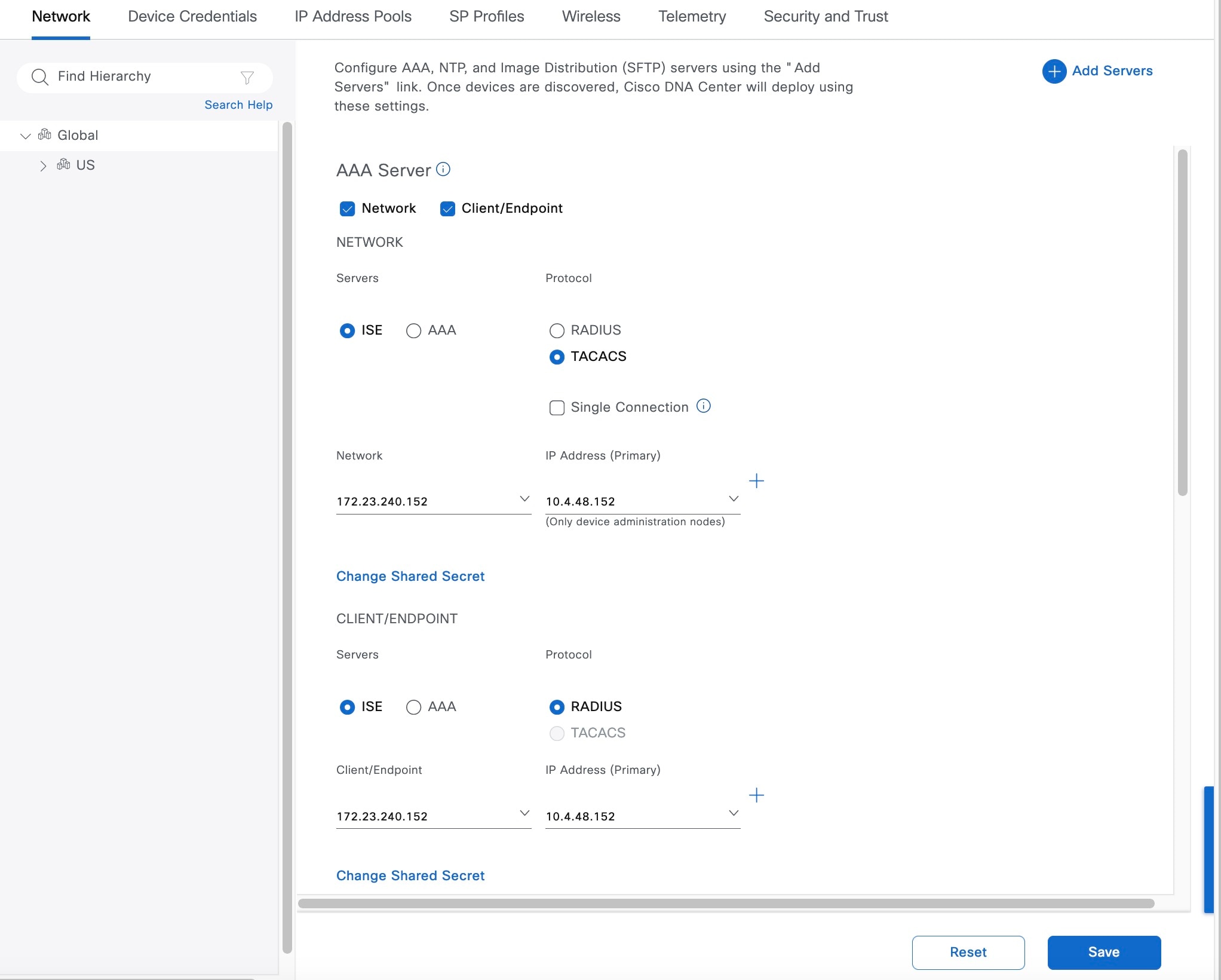 The AAA Server section displays the configuration options for the AAA server.