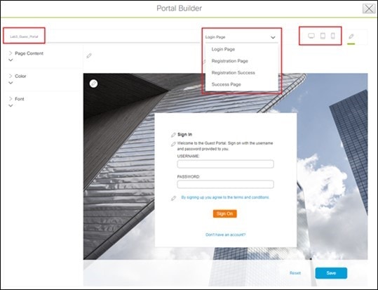 The image displays the Flex Guest SSID Portal Builder Screen.