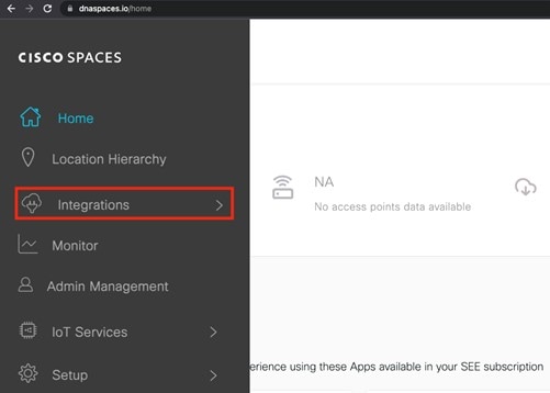 The Cisco Spaces home page displays Integrations option.