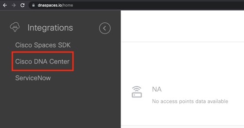 The Integrations section displays option to integrate Cisco DNA Center.