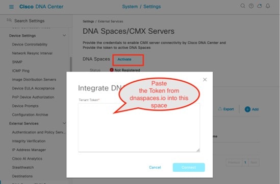 The Integrate DNA Spaces section displays option to paste the token.