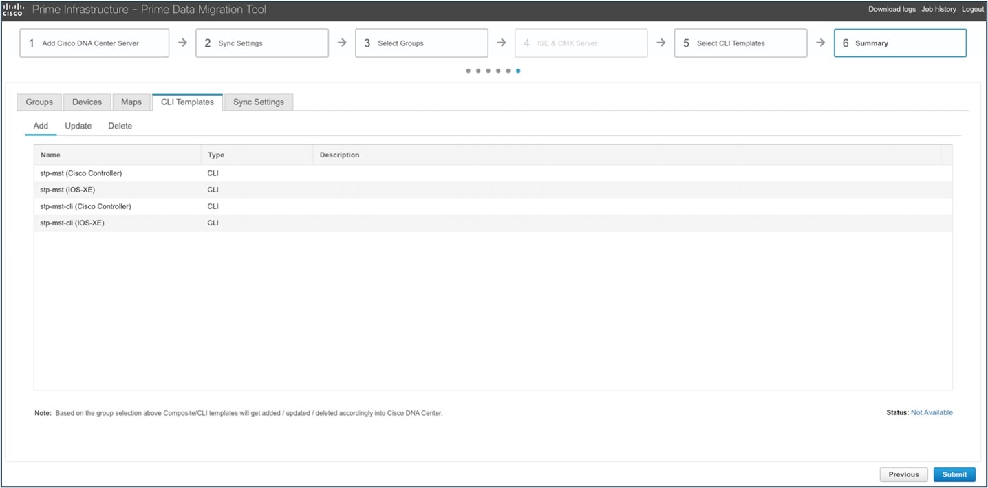 Screenshot of the Cisco Prime Infrastructure Prime Data Migration Tool.
