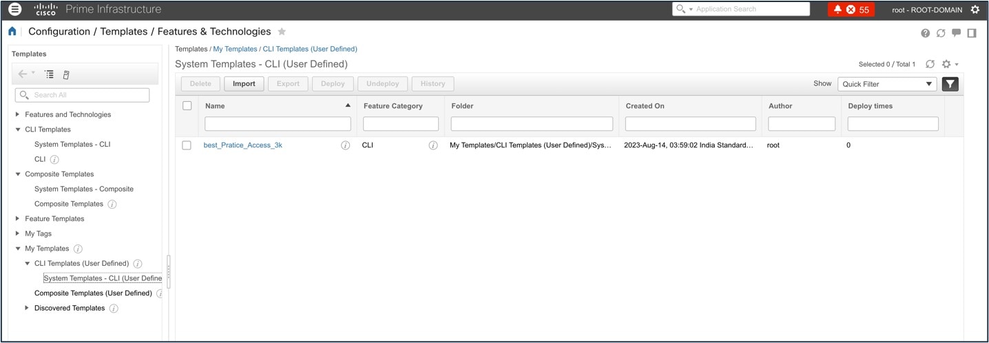 Screenshot of the Cisco Prime Infrastructure System Template window.