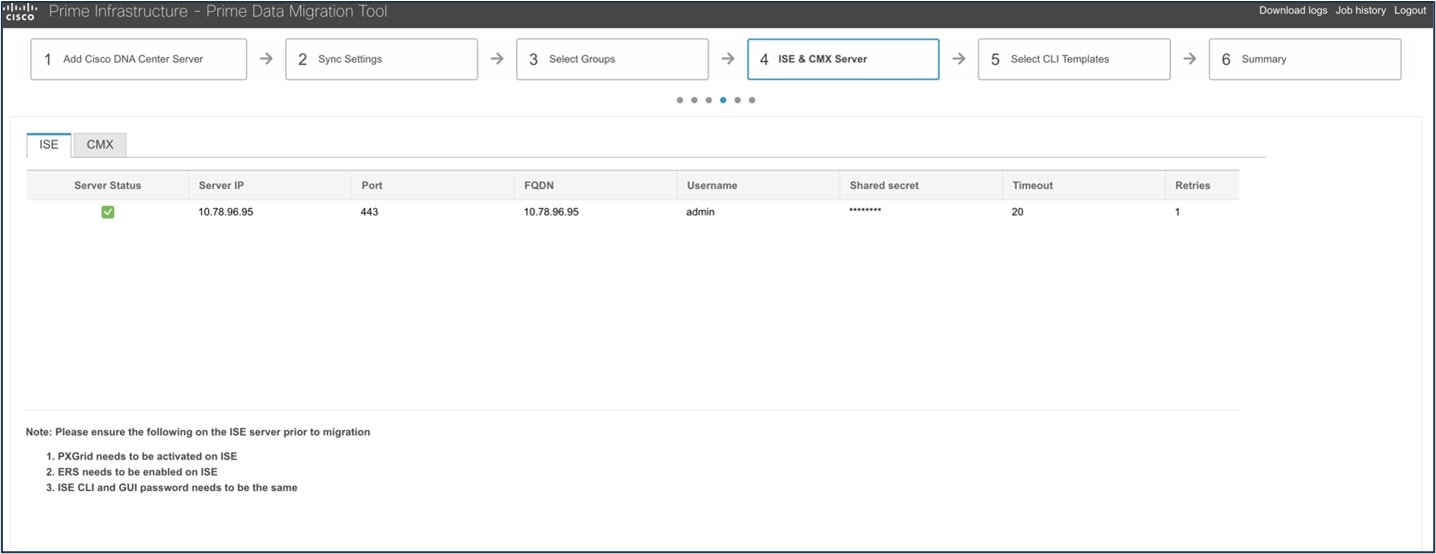 The Cisco ISE setting in the PDMT.