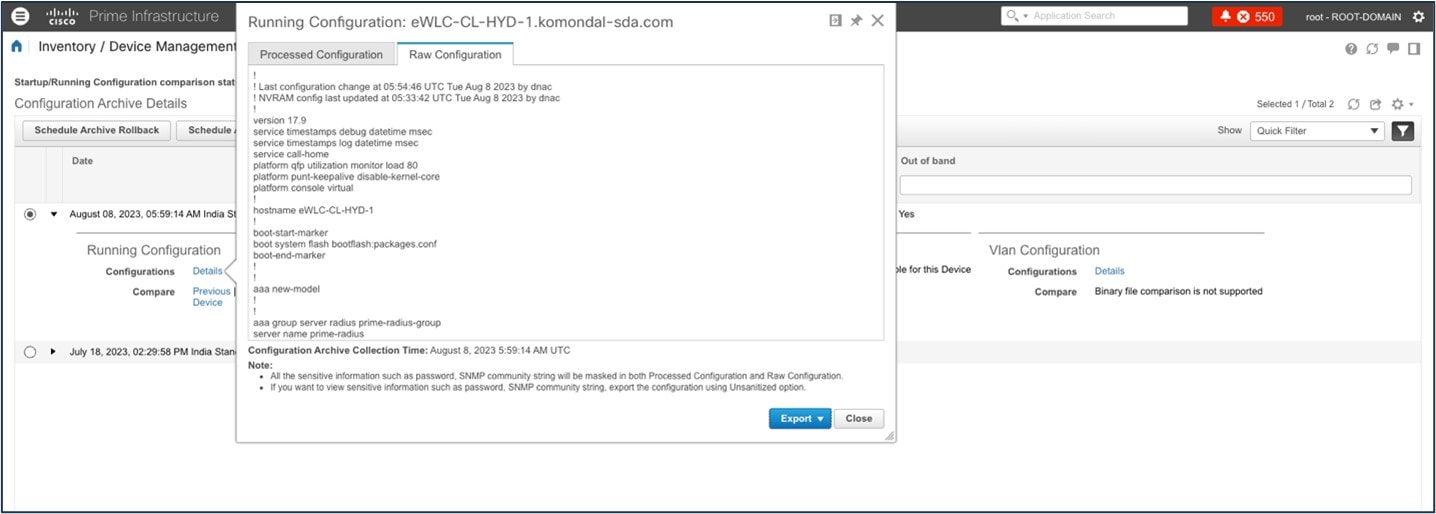 Cisco Prime Infrastructure exports the device config.