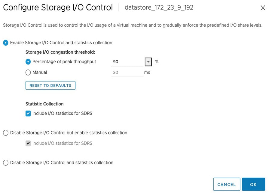 The Configure Storage I/O Control area within the vSphere Client.