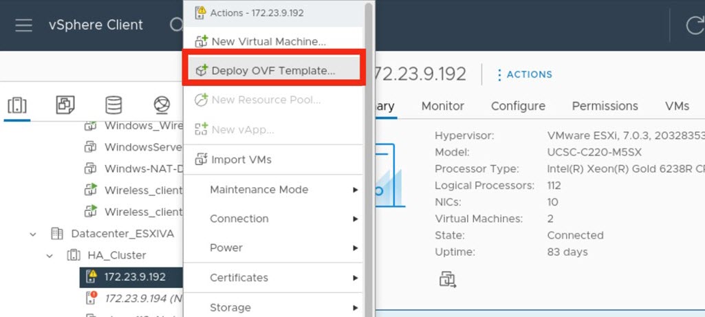 The Deploy OVF Template option within the vSphere Client.